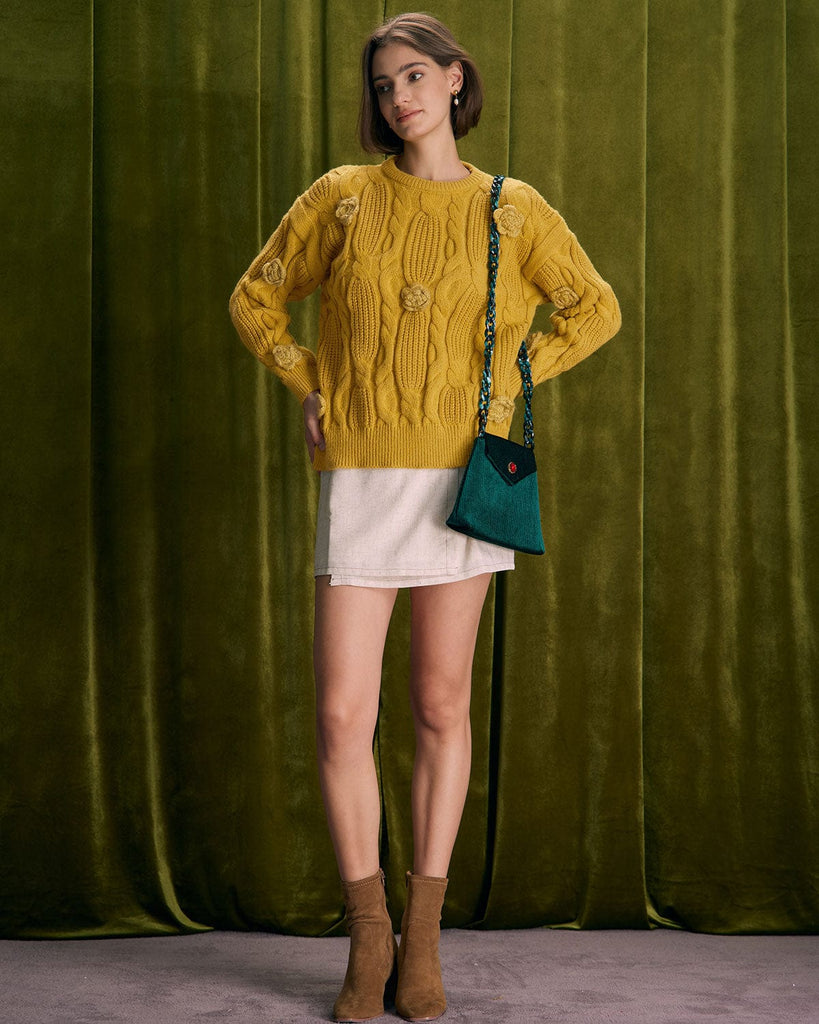 The Round Neck Crochet Roses Sweater Tops - RIHOAS