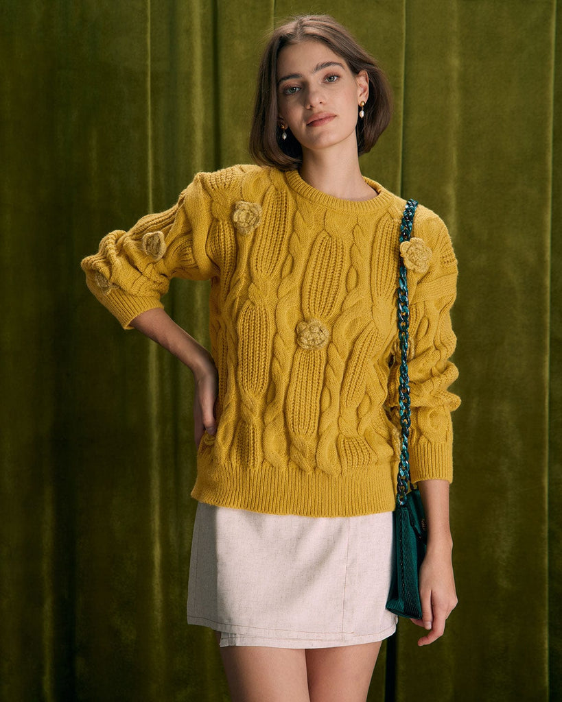 The Round Neck Crochet Roses Sweater Tops - RIHOAS