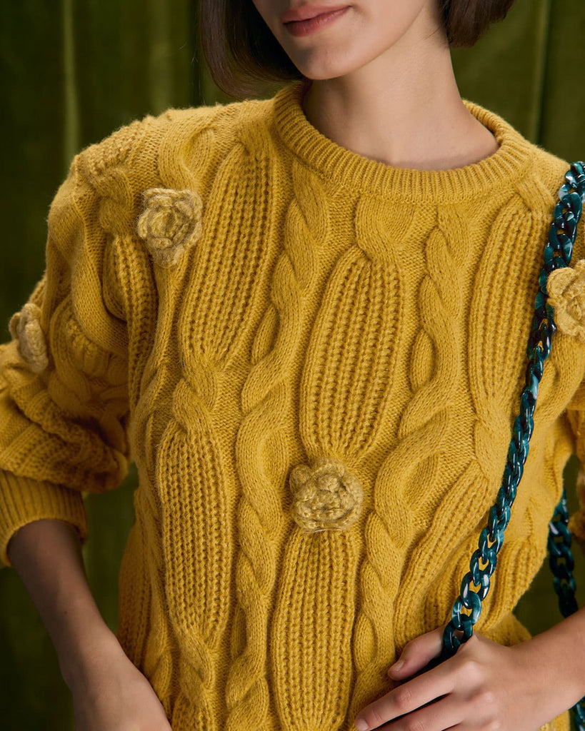 The Round Neck Crochet Roses Sweater Tops - RIHOAS