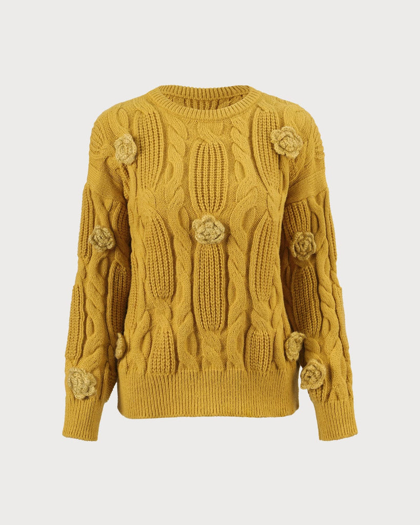 The Round Neck Crochet Roses Sweater Yellow Tops - RIHOAS