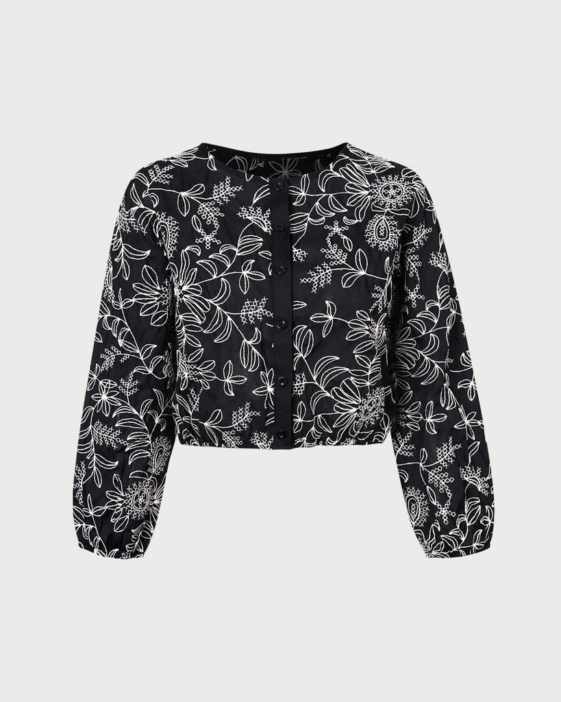 The Round Neck Embroidery Blouse Black Tops - RIHOAS