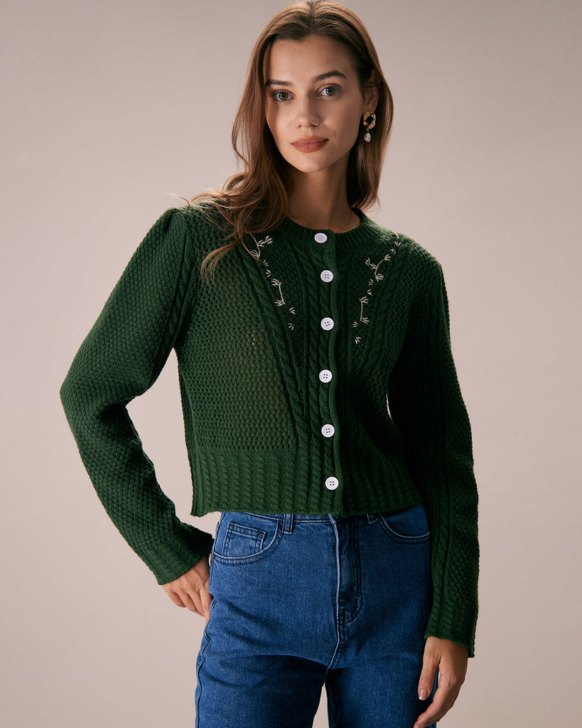 The Round Neck Embroidery Pointelle Cardigan Green Tops - RIHOAS