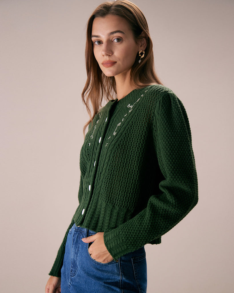 The Round Neck Embroidery Pointelle Cardigan Tops - RIHOAS
