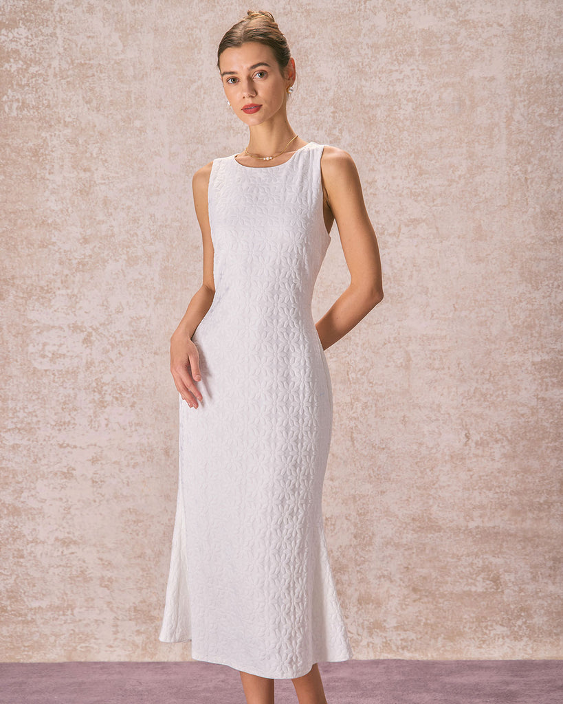 The Round Neck Floral Jacquar Dress White Dresses - RIHOAS