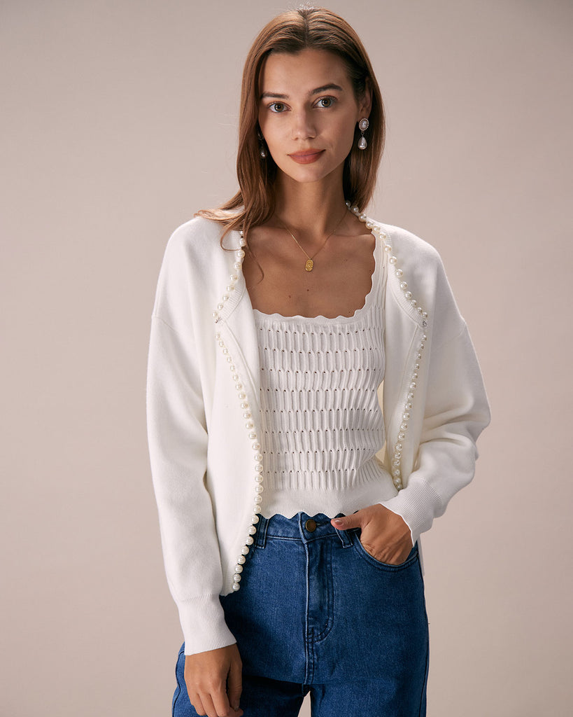 The Round Neck Pearl Trim Cardigan Tops - RIHOAS