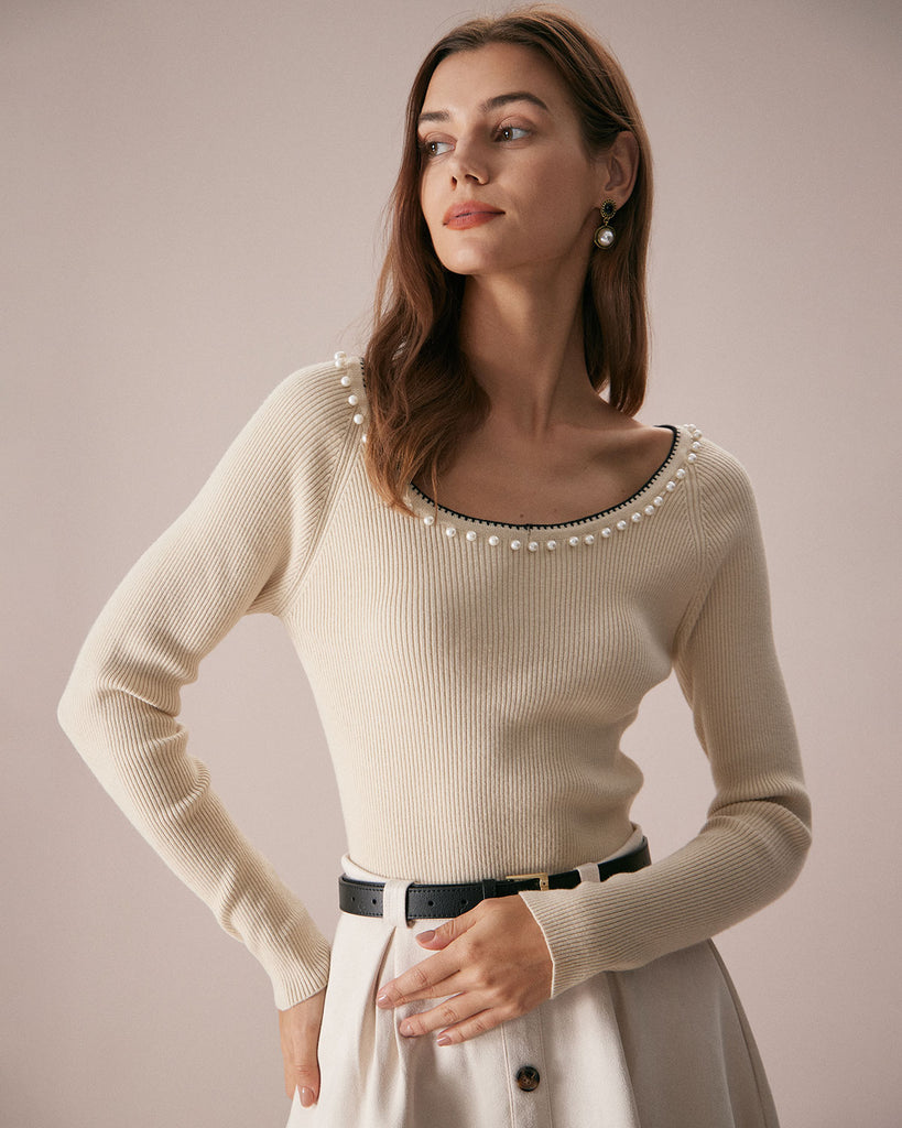 The Round Neck Pearl Trim Knit Top Apricot Tops - RIHOAS