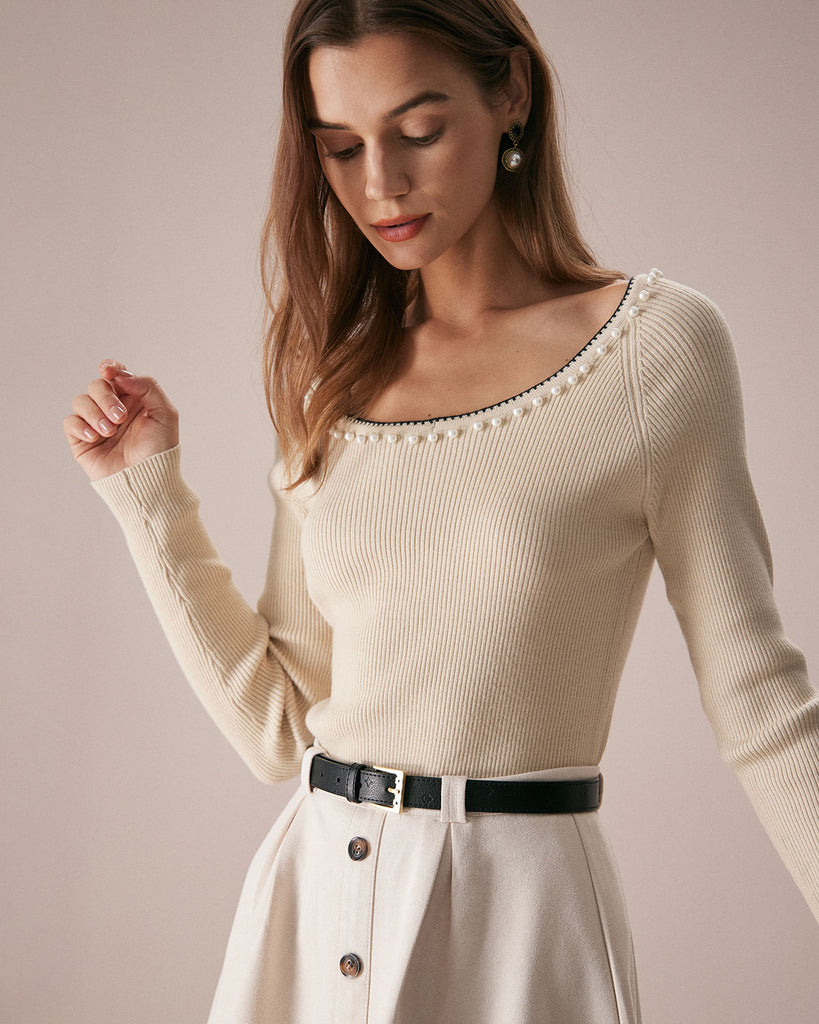 The Round Neck Pearl Trim Knit Top Tops - RIHOAS
