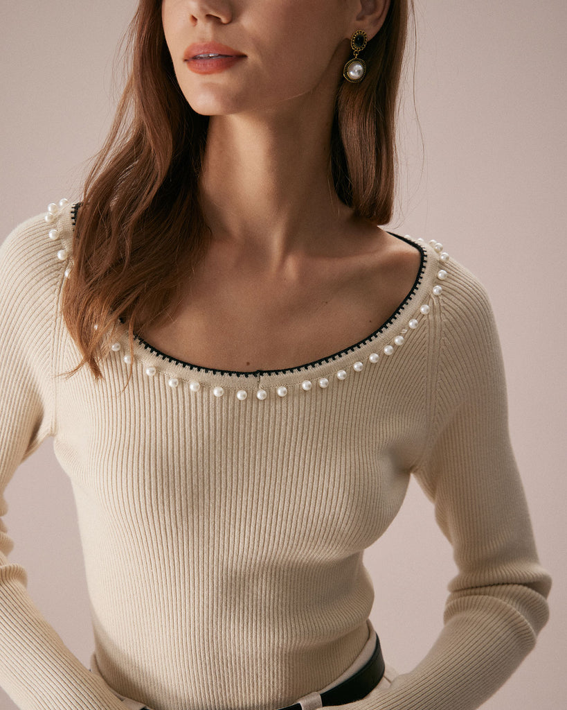 The Round Neck Pearl Trim Knit Top Tops - RIHOAS