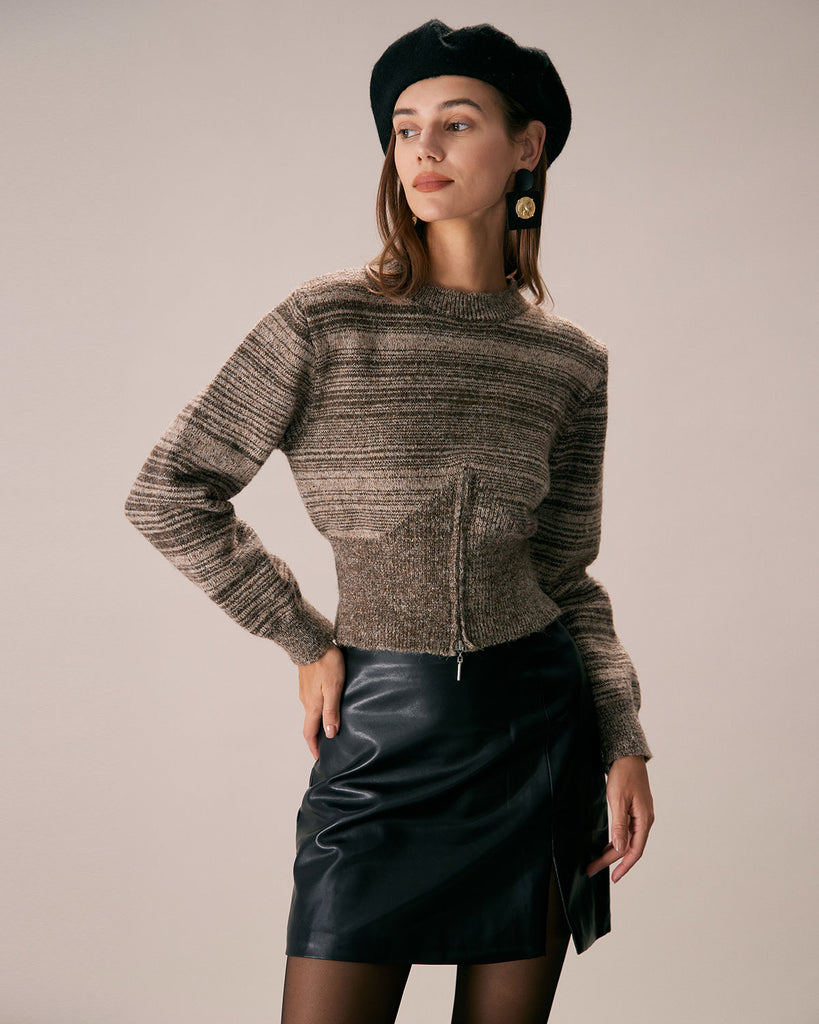 The Round Neck Pinstripe Woolen Top Khaki Tops - RIHOAS
