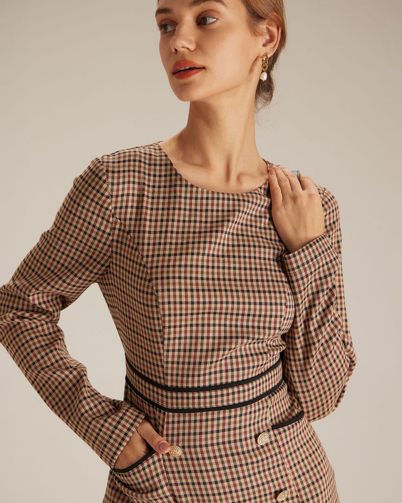 The Round Neck Plaid Long Sleeve Dress Dresses - RIHOAS