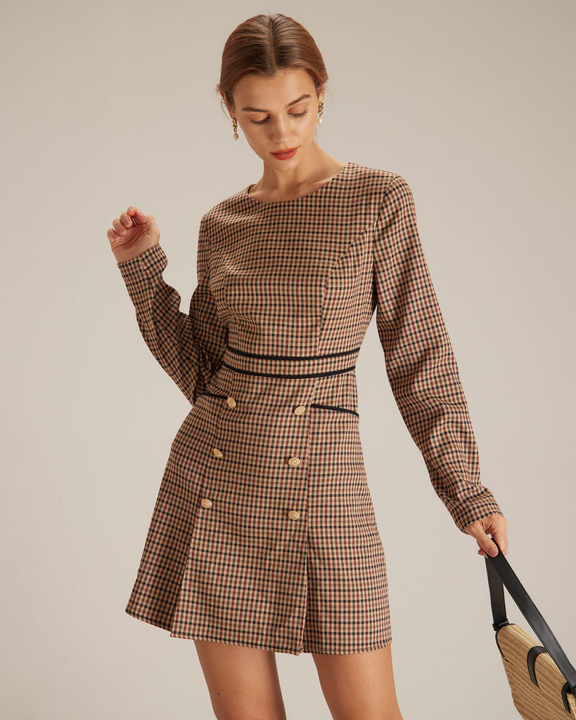 The Round Neck Plaid Long Sleeve Dress Dresses - RIHOAS