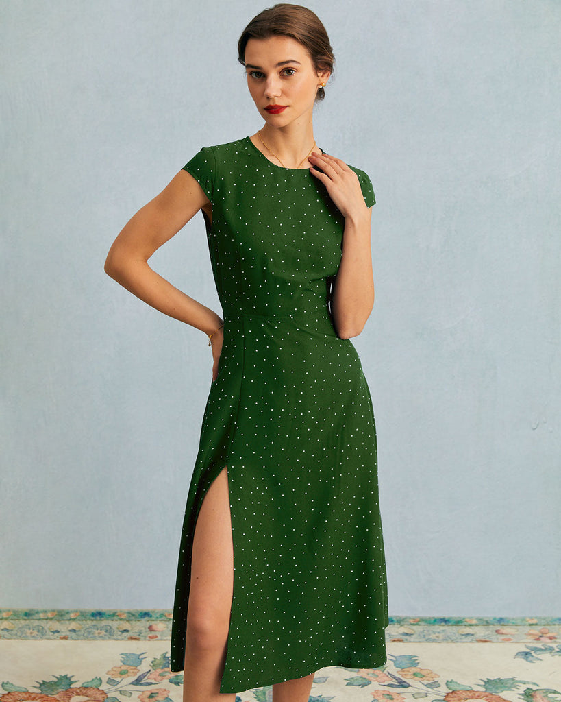 The Round Neck Polka Dot Dress Green Dresses - RIHOAS