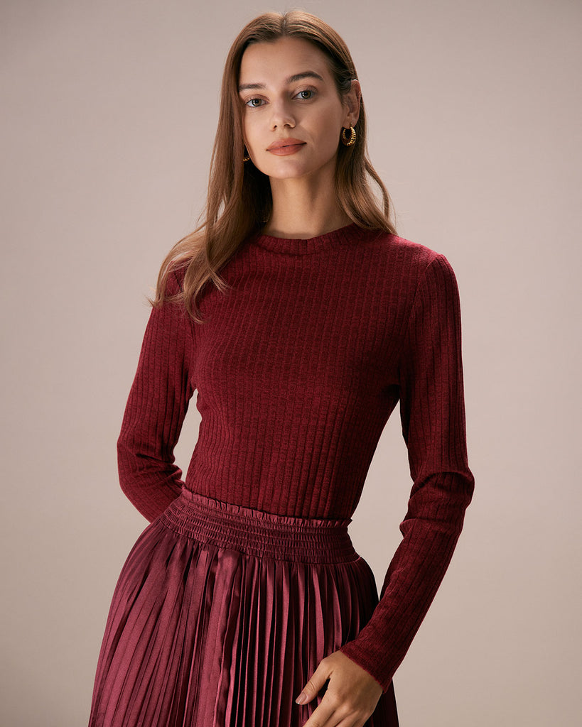 The Round Neck Ribbed Top Wine Red Tops - RIHOAS
