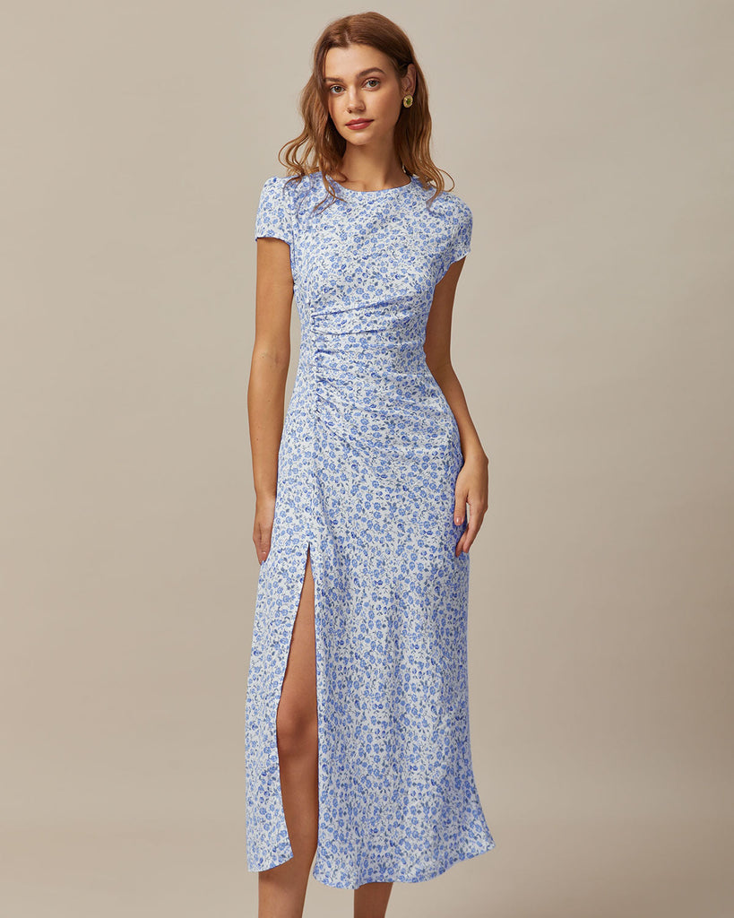 The Round Neck Ruched Floral Dress Blue Dresses - RIHOAS