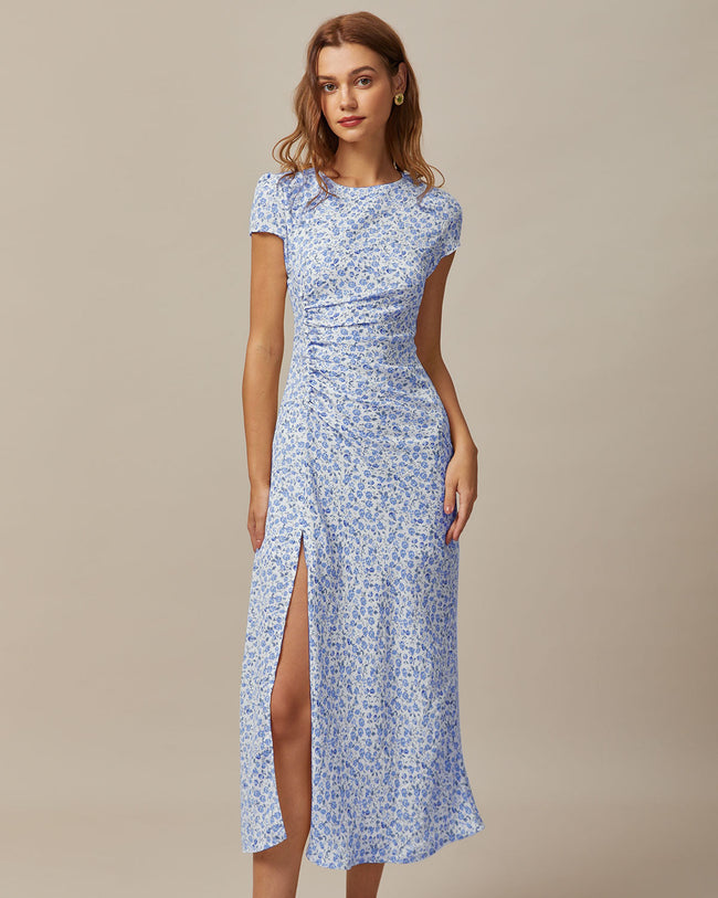 The Blue Round Neck Floral Slit Midi Dress & Reviews - Blue