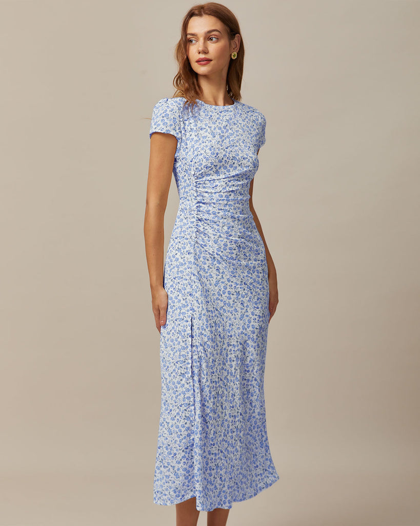 The Round Neck Ruched Floral Dress Dresses - RIHOAS