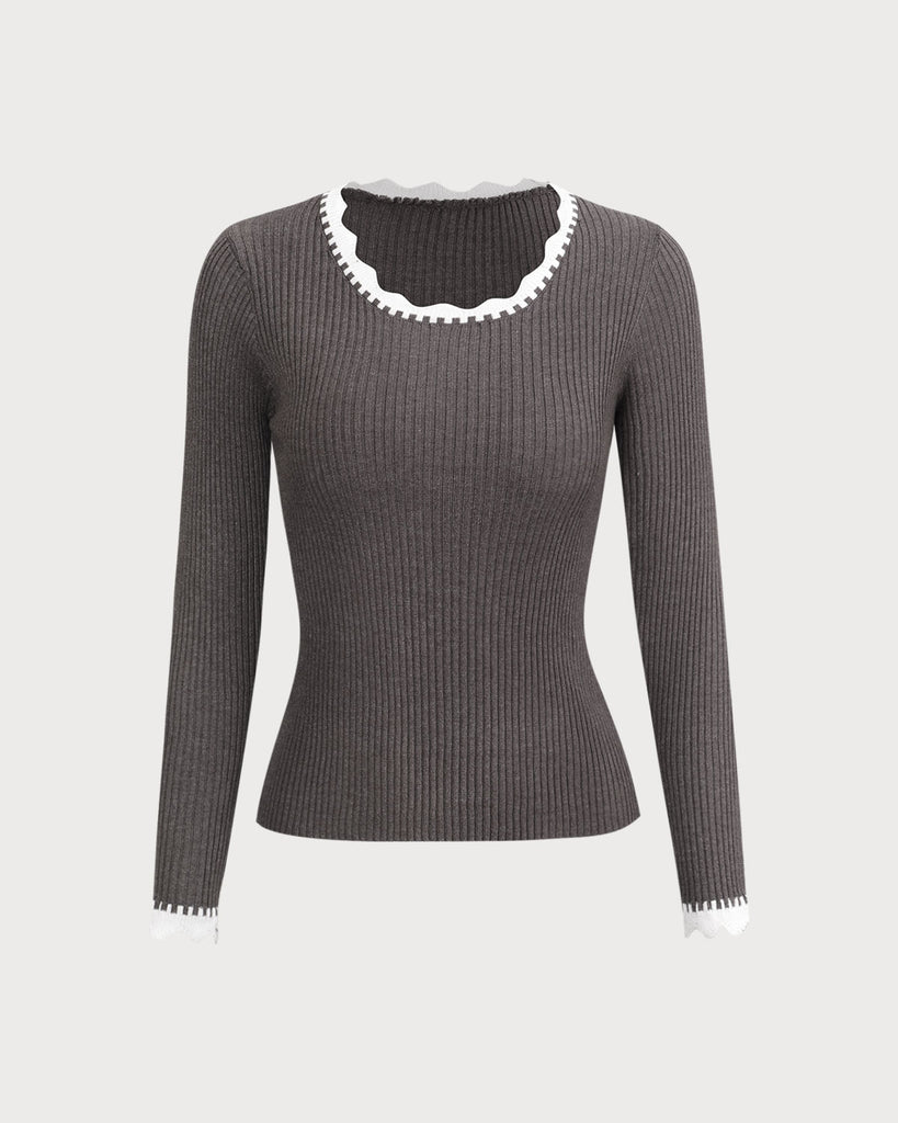 The Round Neck Scallop Knit Top Grey Tops - RIHOAS