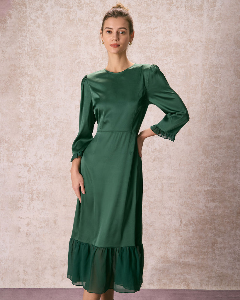 The Round Neck Spliced Ruffle Dress Green Dresses - RIHOAS