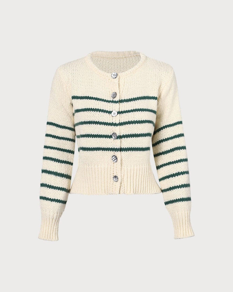 The Round Neck Striped Cardigan Beige Tops - RIHOAS