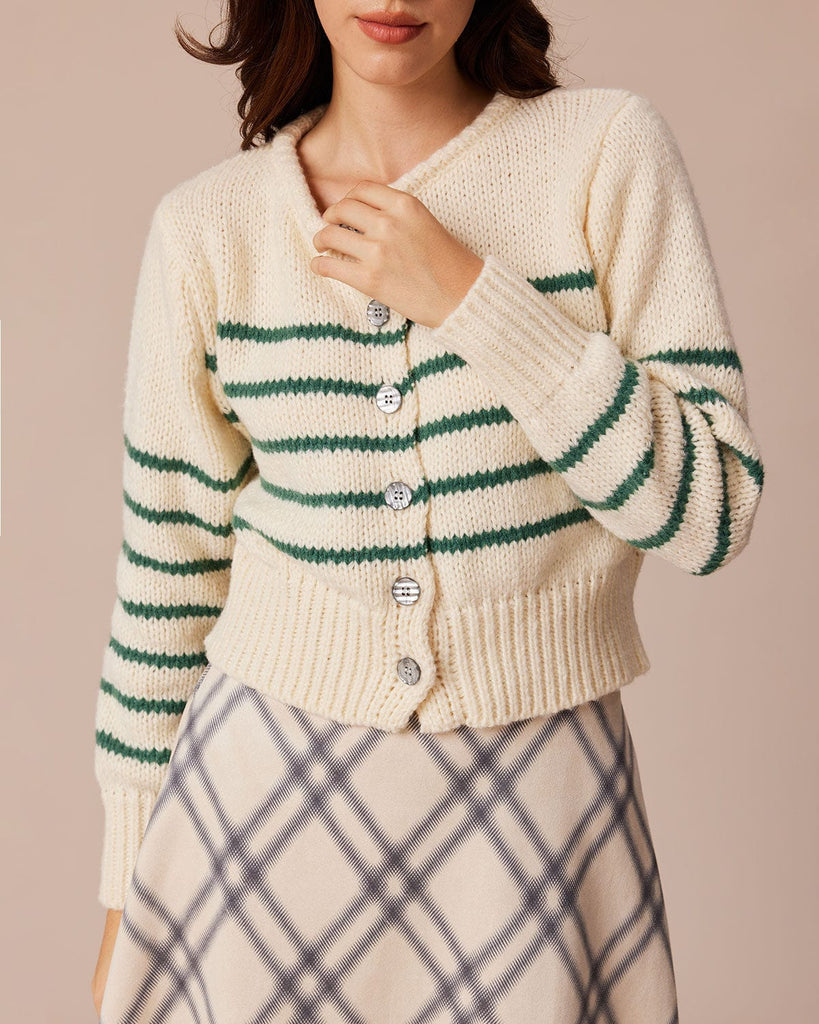 The Round Neck Striped Cardigan Tops - RIHOAS
