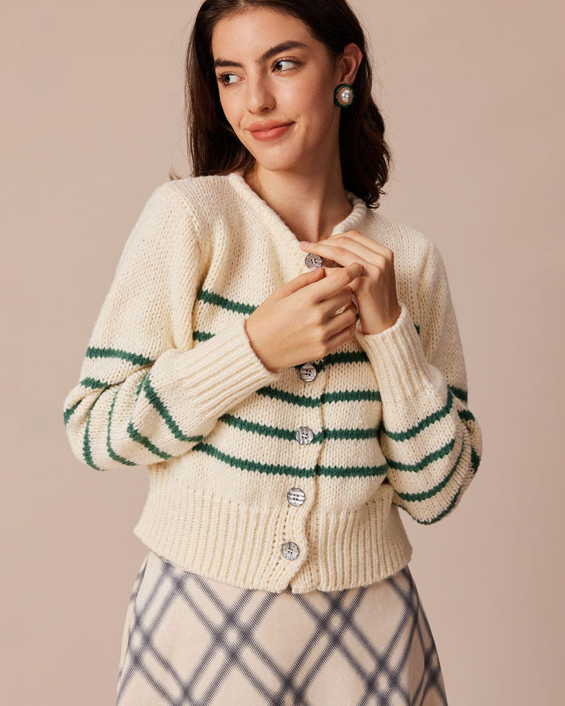 The Round Neck Striped Cardigan Tops - RIHOAS