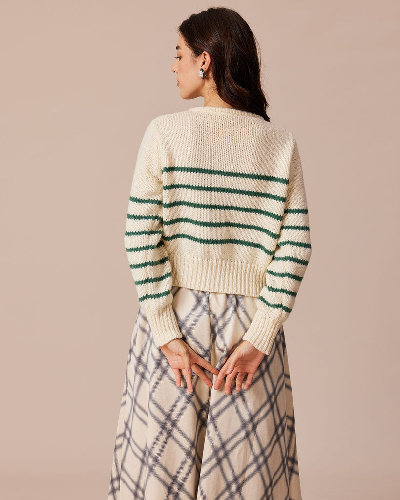 The Round Neck Striped Cardigan Tops - RIHOAS
