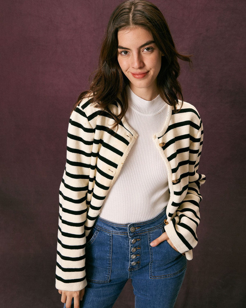 The Round Neck Striped Cardigan Tops - RIHOAS