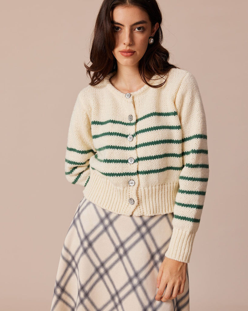 The Round Neck Striped Cardigan Tops - RIHOAS