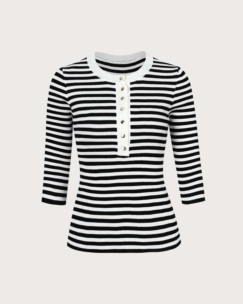 The Round Neck Striped Knit Top Black Tops - RIHOAS