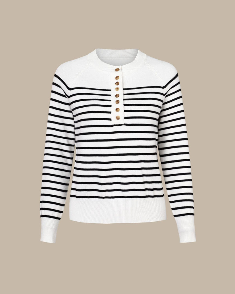The Round Neck Striped Sweater White Tops - RIHOAS