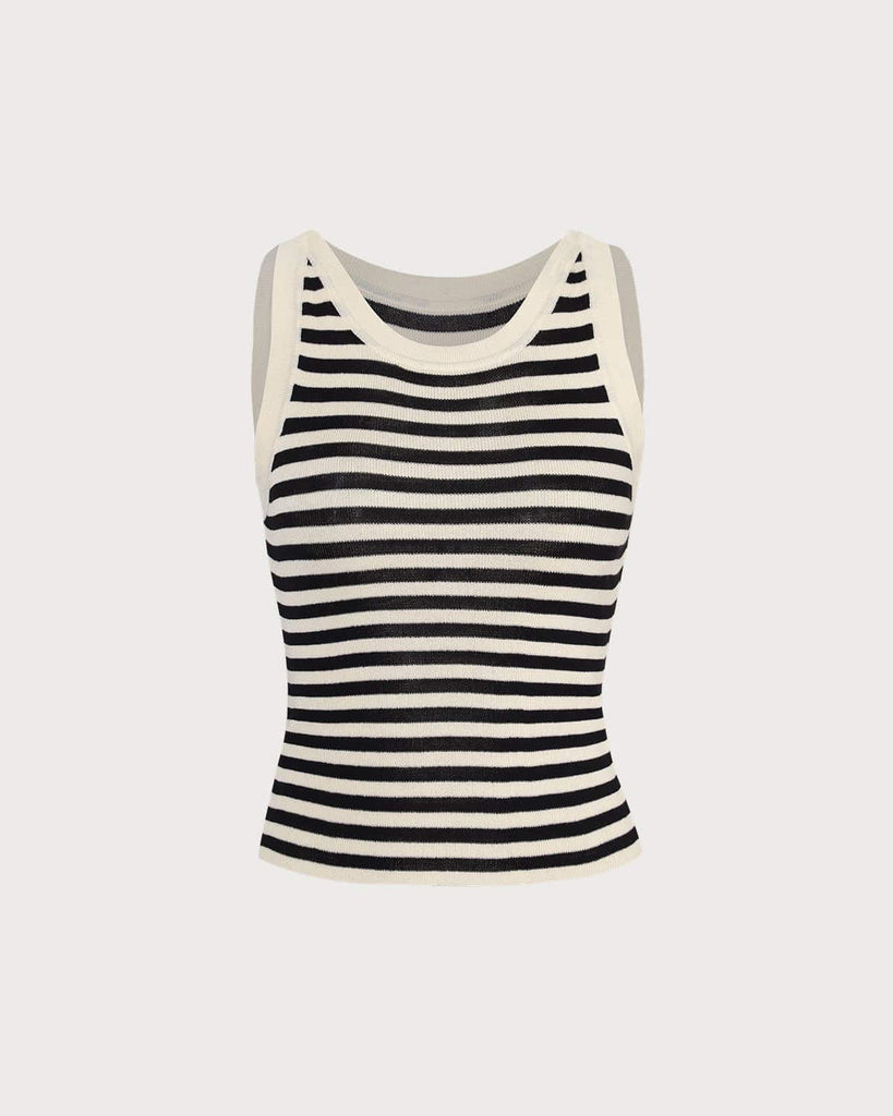 The Round Neck Striped Tank Top Black Tops - RIHOAS