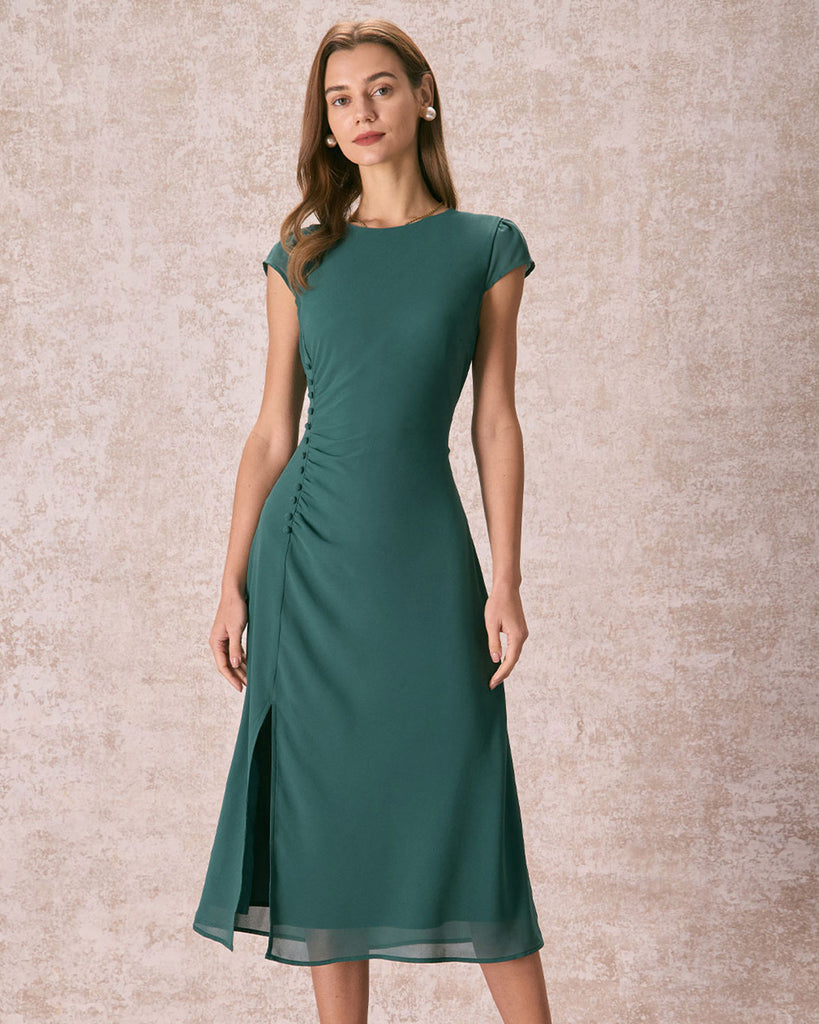 The Ruched Side Split Dress Green Dresses - RIHOAS