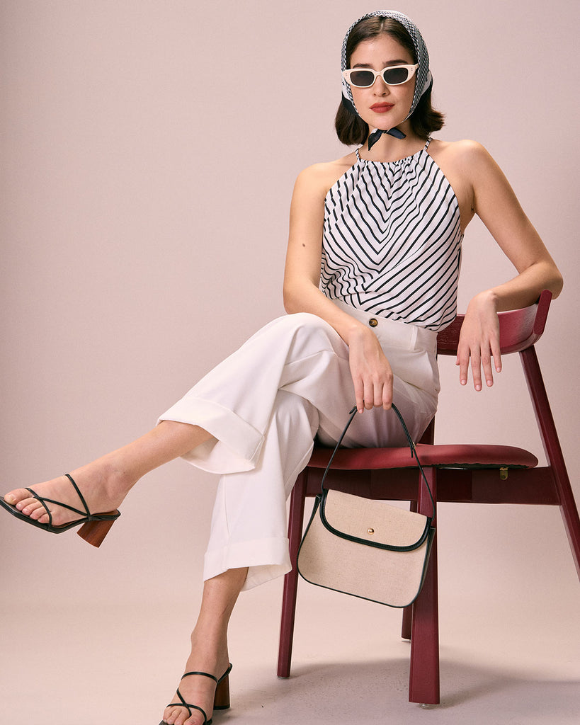 The Ruched Striped Halter Top Tops - RIHOAS