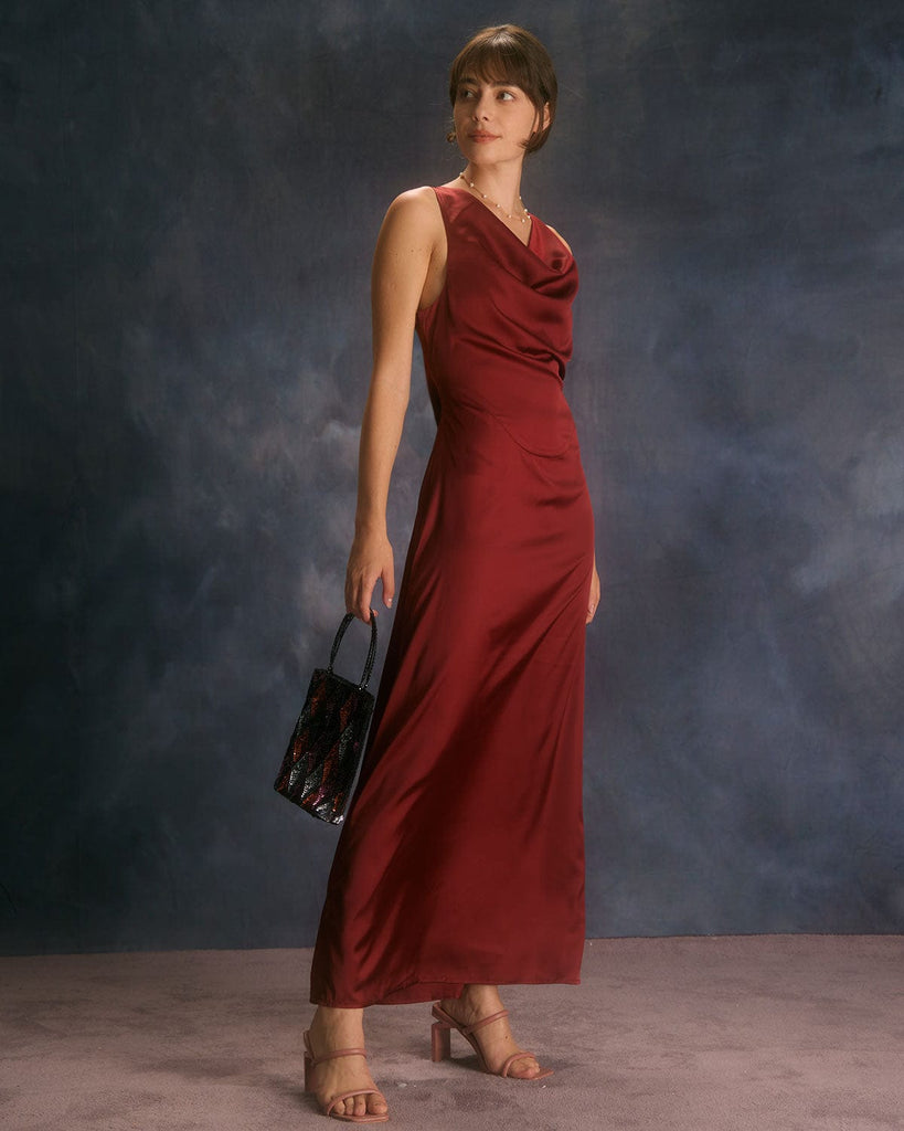 The Satin Cowl Neck Backless Dress Wine Red Dresses - RIHOAS