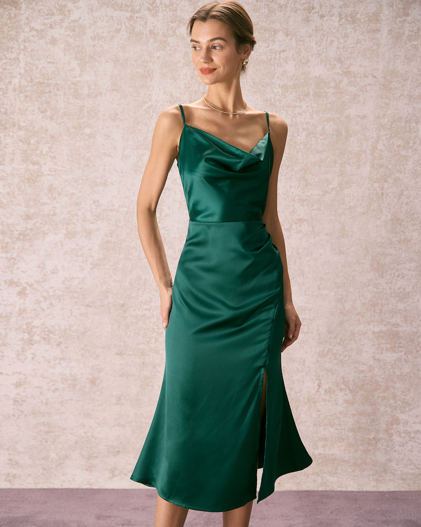 The Satin Cowl Neck Side Split Dress Green Dresses - RIHOAS