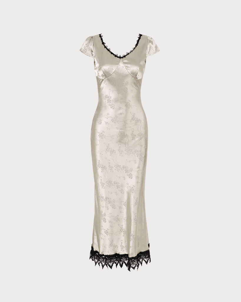 The Satin Jacquard Lace Midi Dress Dresses - RIHOAS