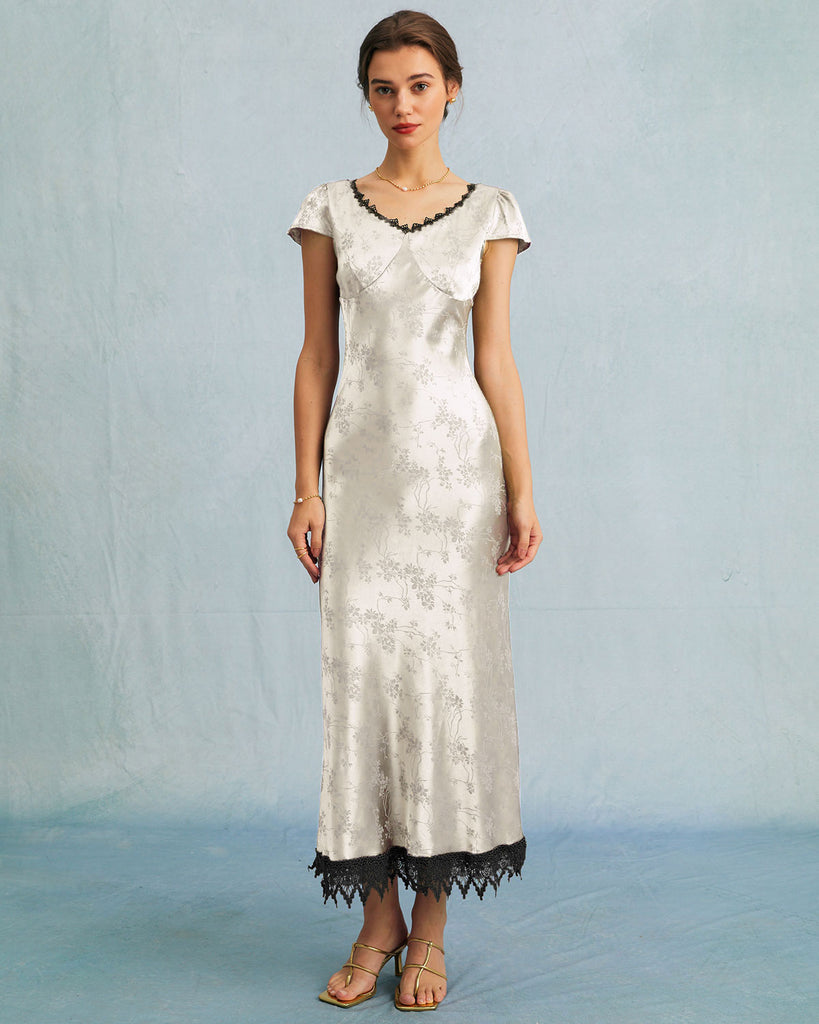 The Satin Jacquard Lace Midi Dress White Dresses - RIHOAS