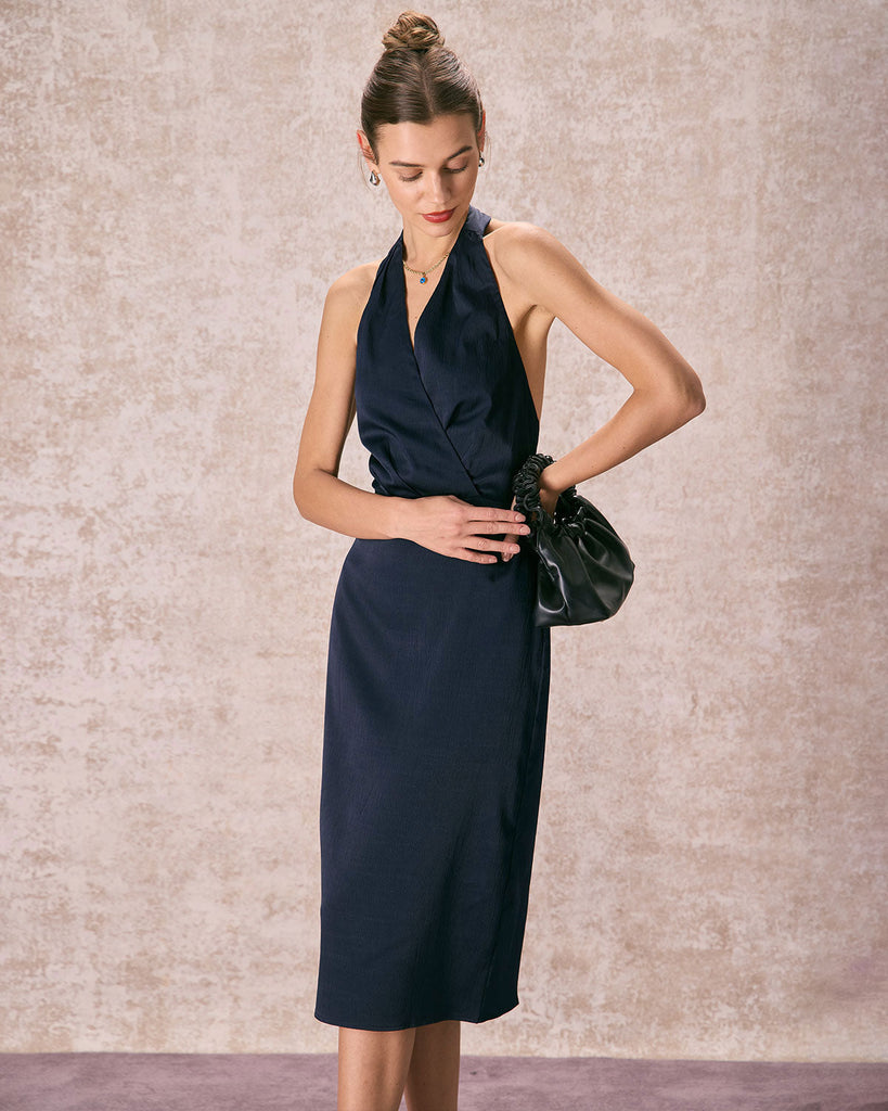 The Satin Wrap Halter Midi Dress Dresses - RIHOAS