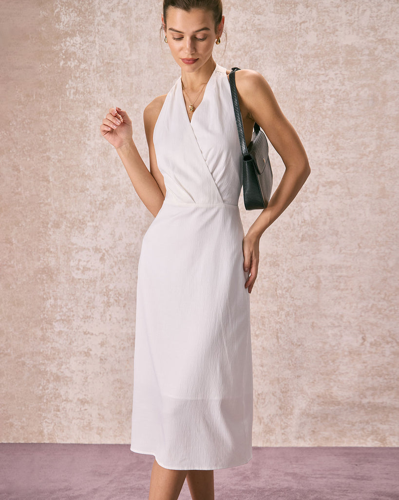 The Satin Wrap Halter Midi Dress White Dresses - RIHOAS