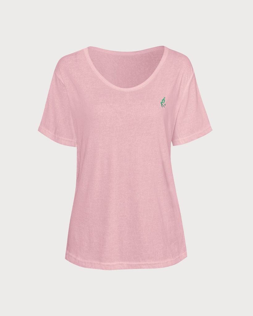 The Scoop Neck Embroidery Solid Tee Pink Tops - RIHOAS
