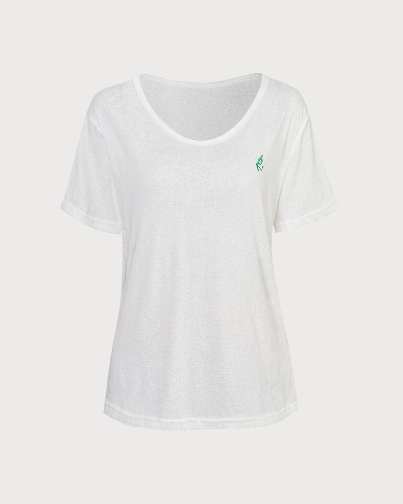 The Scoop Neck Embroidery Solid Tee White Tops - RIHOAS