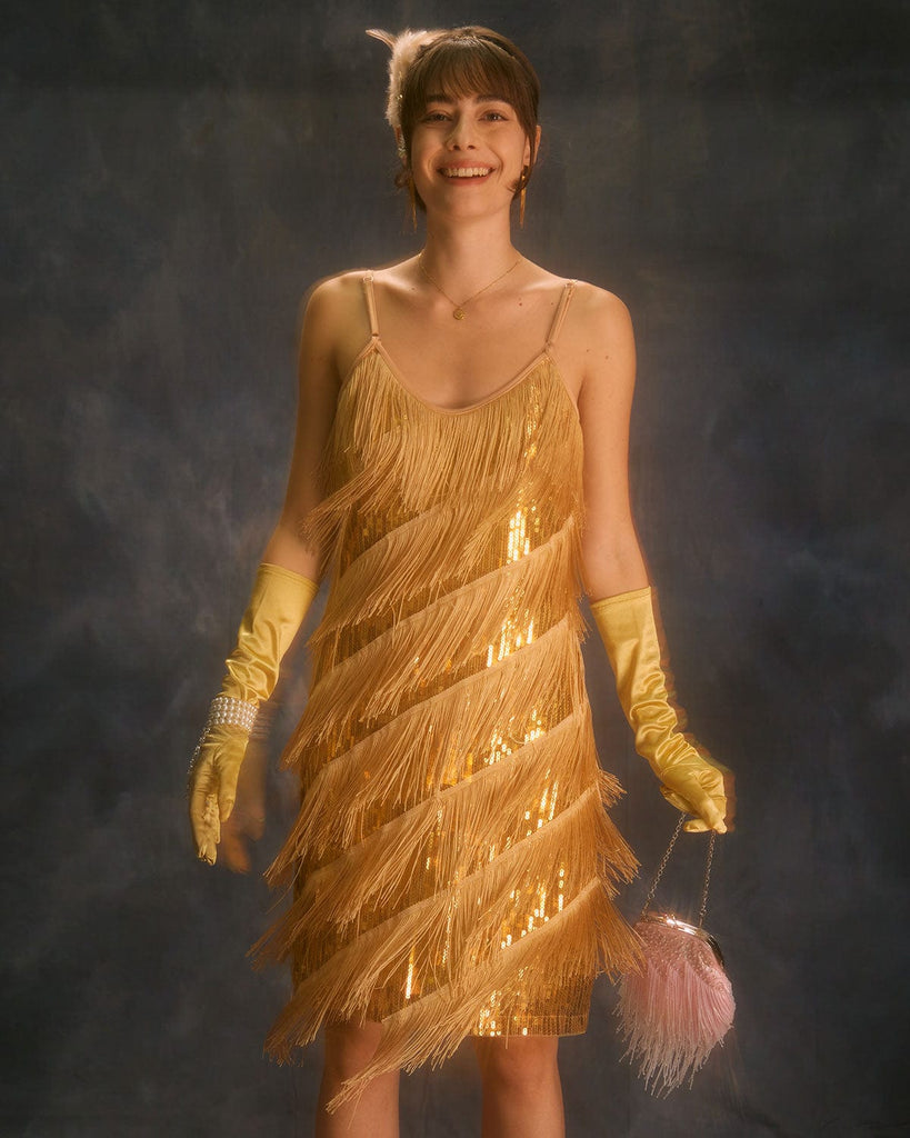 The Sequin Fringe Slip Dress Gold Dresses - RIHOAS