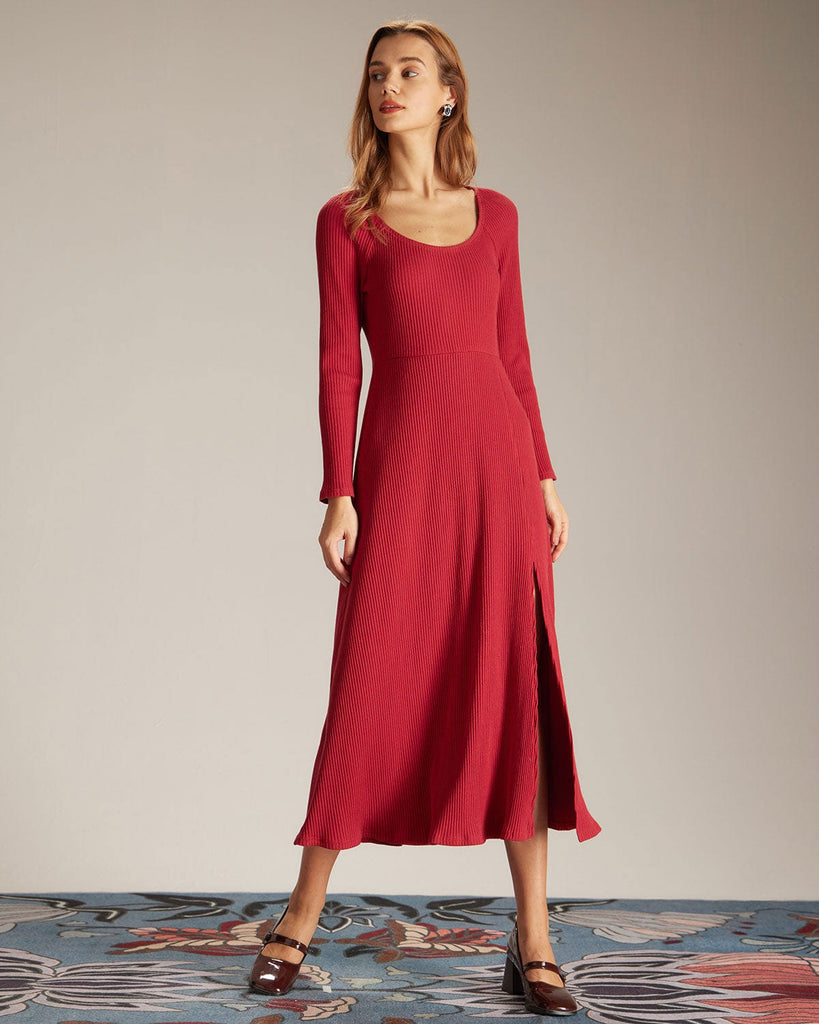 The Side Split Ribbed Dress Red Dresses - RIHOAS
