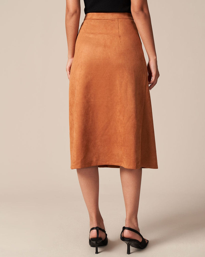 The Single Breasted Suede Midi Skirt Bottoms - RIHOAS