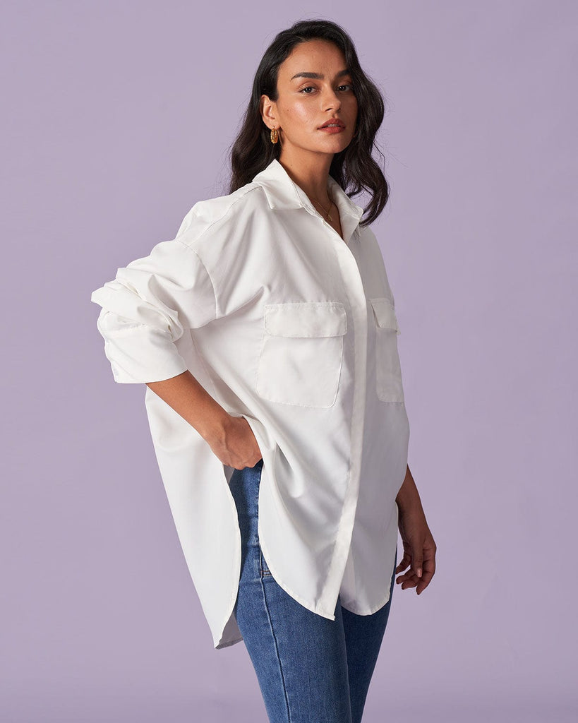 The Solid Button-Down Pocket Shirt Tops - RIHOAS