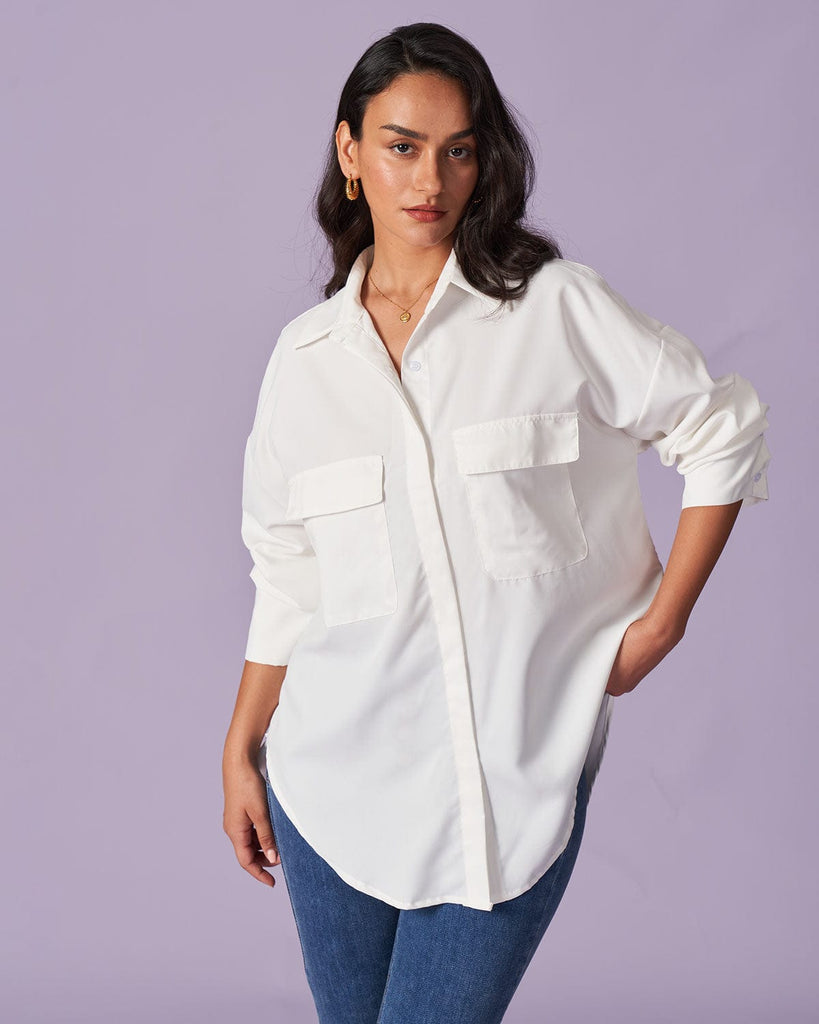 The Solid Button-Down Pocket Shirt White Tops - RIHOAS