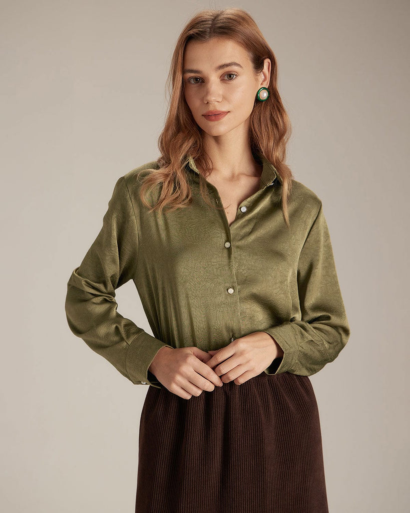 The Solid Color Button Satin Shirt Green Tops - RIHOAS