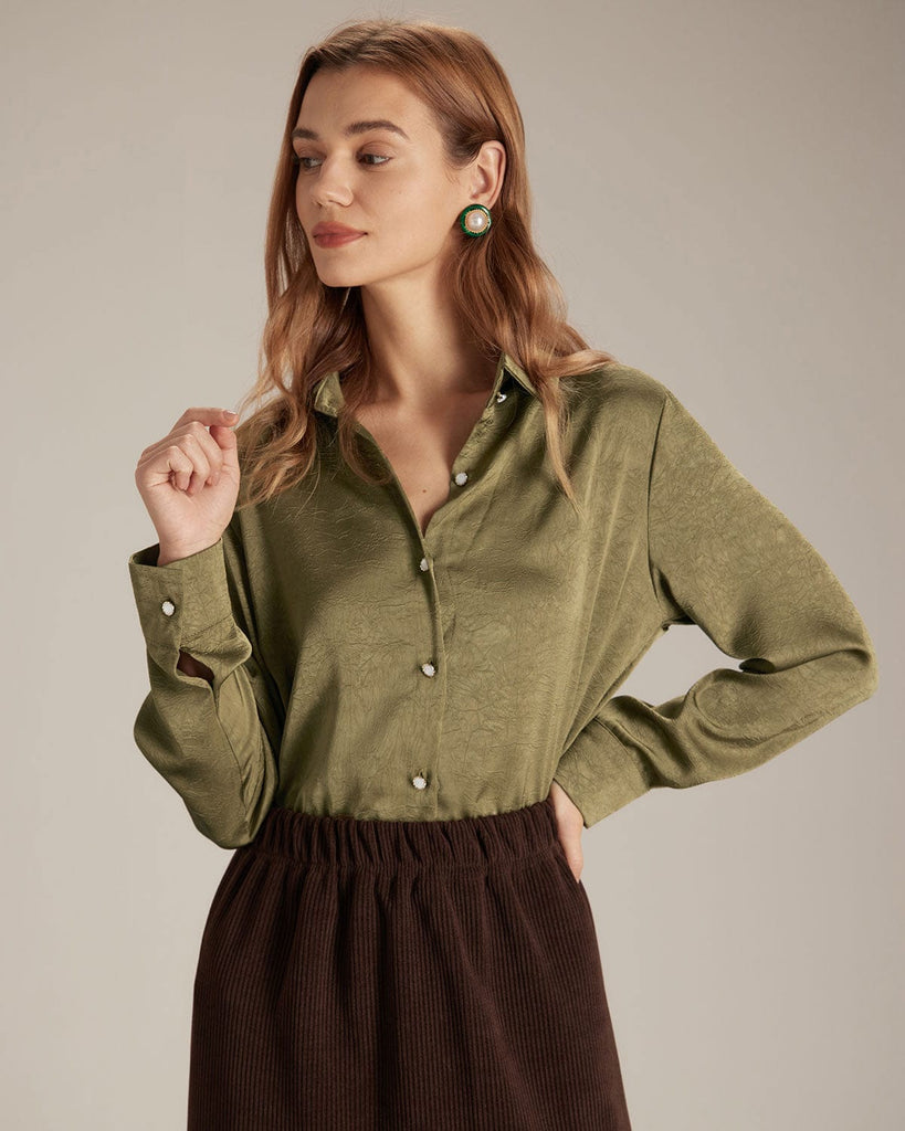 The Solid Color Button Satin Shirt Tops - RIHOAS
