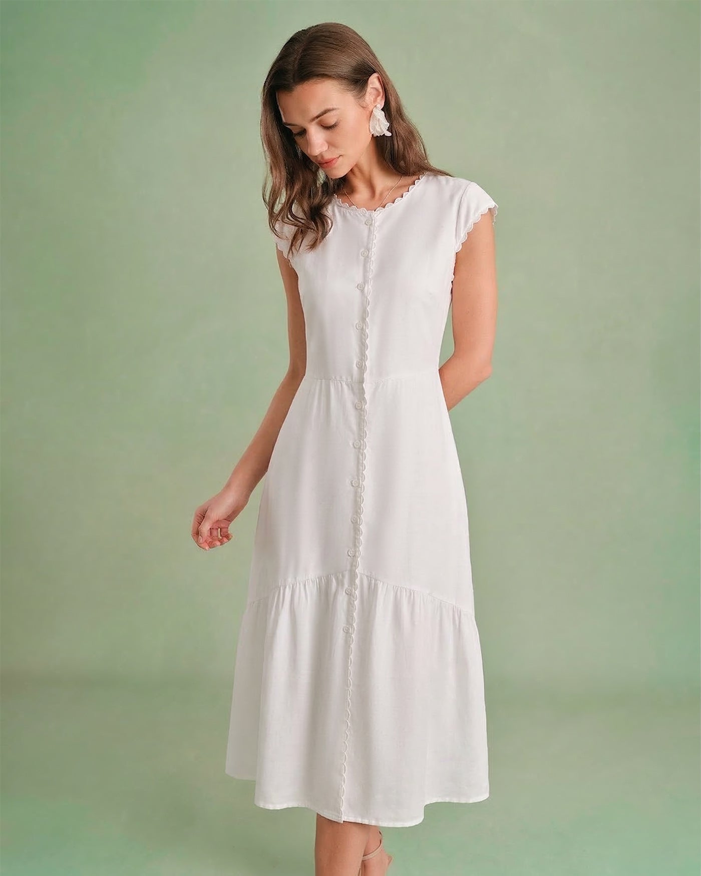 The Solid Color Lapel Midi Dress - Lapel Collar Dress For Office Work, Workwear - White - Dresses | RIHOAS The Solid Color Lapel Midi Dress - Lapel Collar Dress For Office Work, Workwear - White - Dresses | RIHOAS