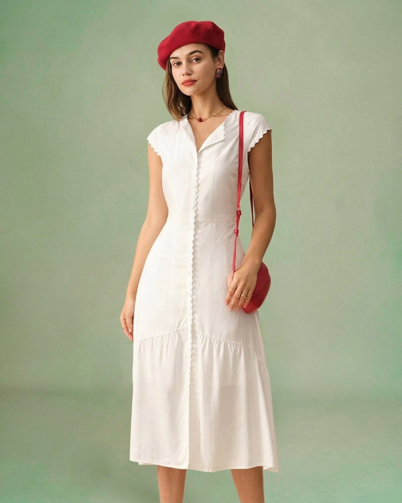 The Solid Color Lapel Midi Dress - Lapel Collar Dress For Office Work, Workwear - White - Dresses | RIHOAS The Solid Color Lapel Midi Dress - Lapel Collar Dress For Office Work, Workwear - White - Dresses | RIHOAS